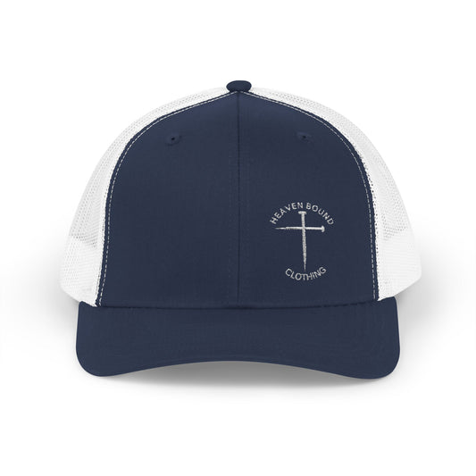 Heaven Bound Nail Cross Snapback Trucker Cap (White Logo)