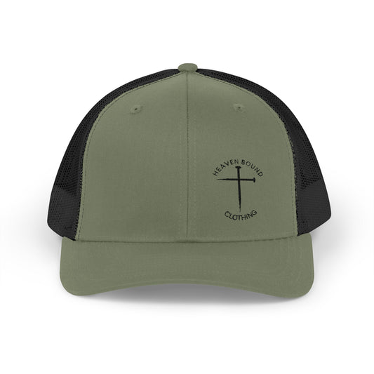 Heaven Bound Nail Cross Snapback Trucker Cap (Black Logo)